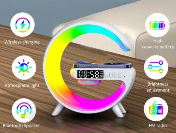 Haut-parleur Bluetooth intelligent Rechargeable - Réveil - Chargeur Sans Fil avec 15 W - Veilleuse LED RGB