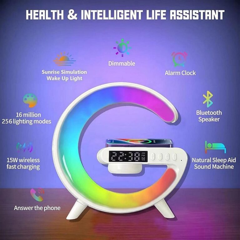 Haut-parleur-Bluetooth-intelligent-Rechargeable-Reveil-Chargeur-Sans-Fil-avec-15-W Haut-parleur Bluetooth intelligent Rechargeable - Réveil - Chargeur Sans Fil avec 15 W - Veilleuse LED RGB