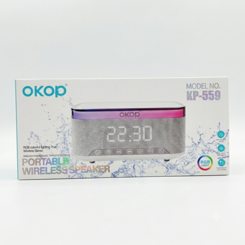 Enceinte Bluetooth OKOP KP-559 – Horloge LED, Réveil, Chargeur Sans Fil, Radio FM