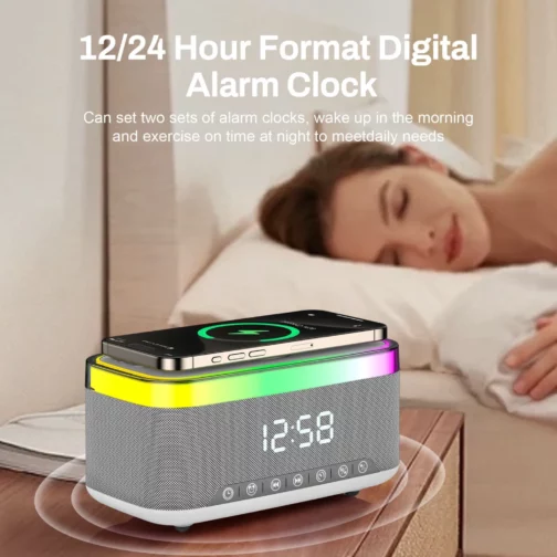 Enceinte Bluetooth OKOP KP-559 – Horloge LED, Réveil, Chargeur Sans Fil, Radio FM