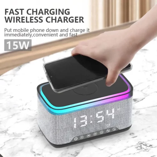 Enceinte Bluetooth OKOP KP-559 – Horloge LED, Réveil, Chargeur Sans Fil, Radio FM