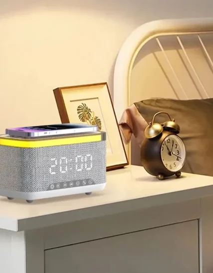 Enceinte Bluetooth OKOP KP-559 – Horloge LED, Réveil, Chargeur Sans Fil, Radio FM