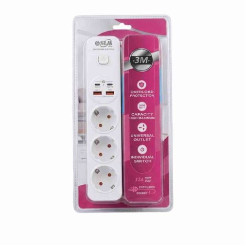 Multiprise SLM 3 Prises + 2 Port USB + 2 Port Type-C – Rallonge 3 mètre