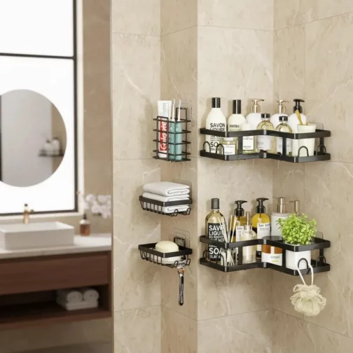 Organisateur d&rsquo;angle adhésif pour salle de bain, noir