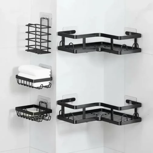 Organisateur d'angle adhésif pour salle de bain, noir