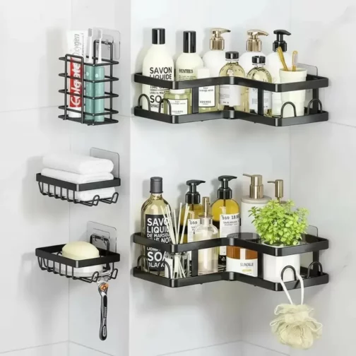Organisateur d&rsquo;angle adhésif pour salle de bain, noir